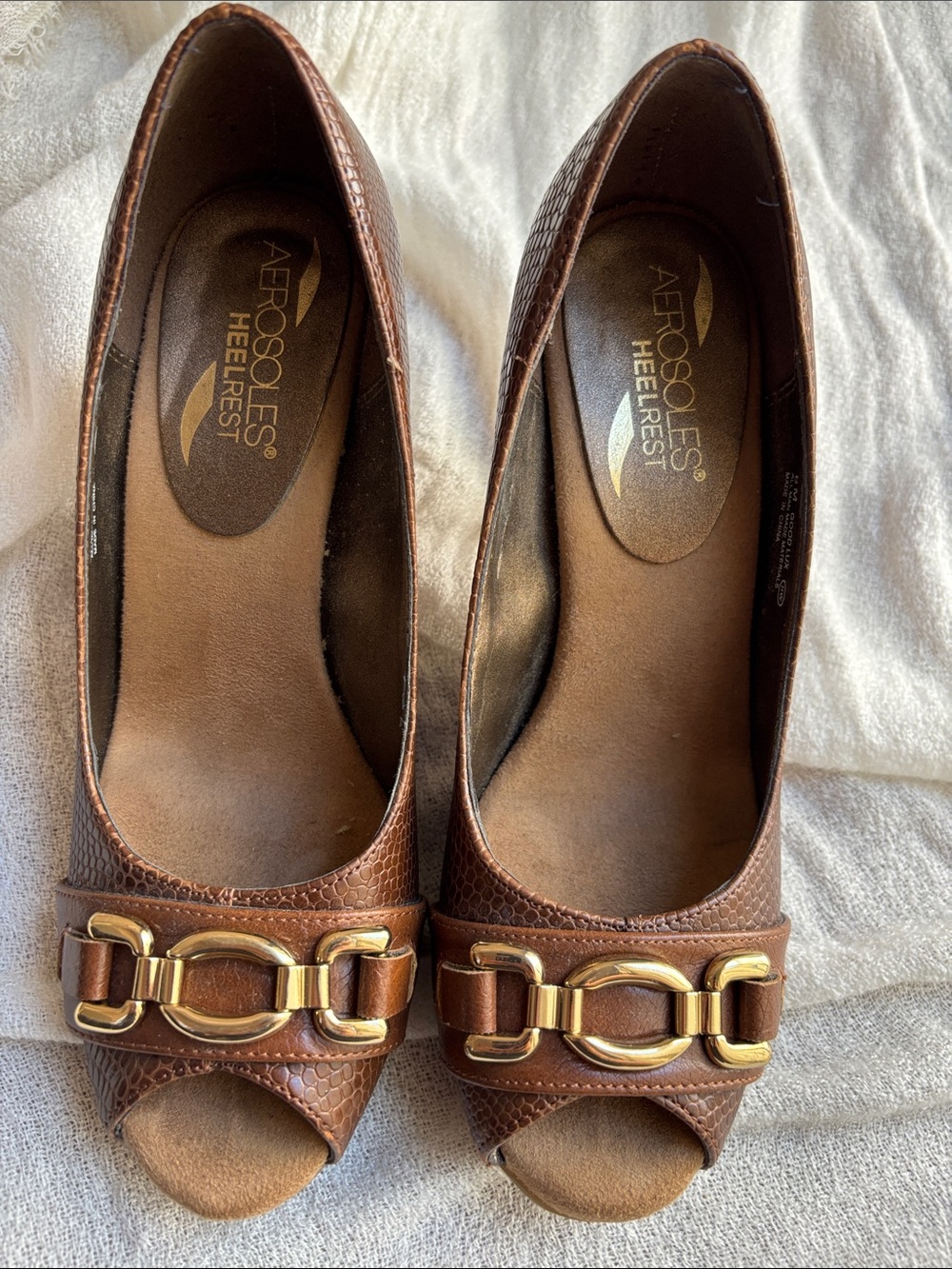 AEROSOLES Brown Peep-Toe Heels with Gold Buckle Accent